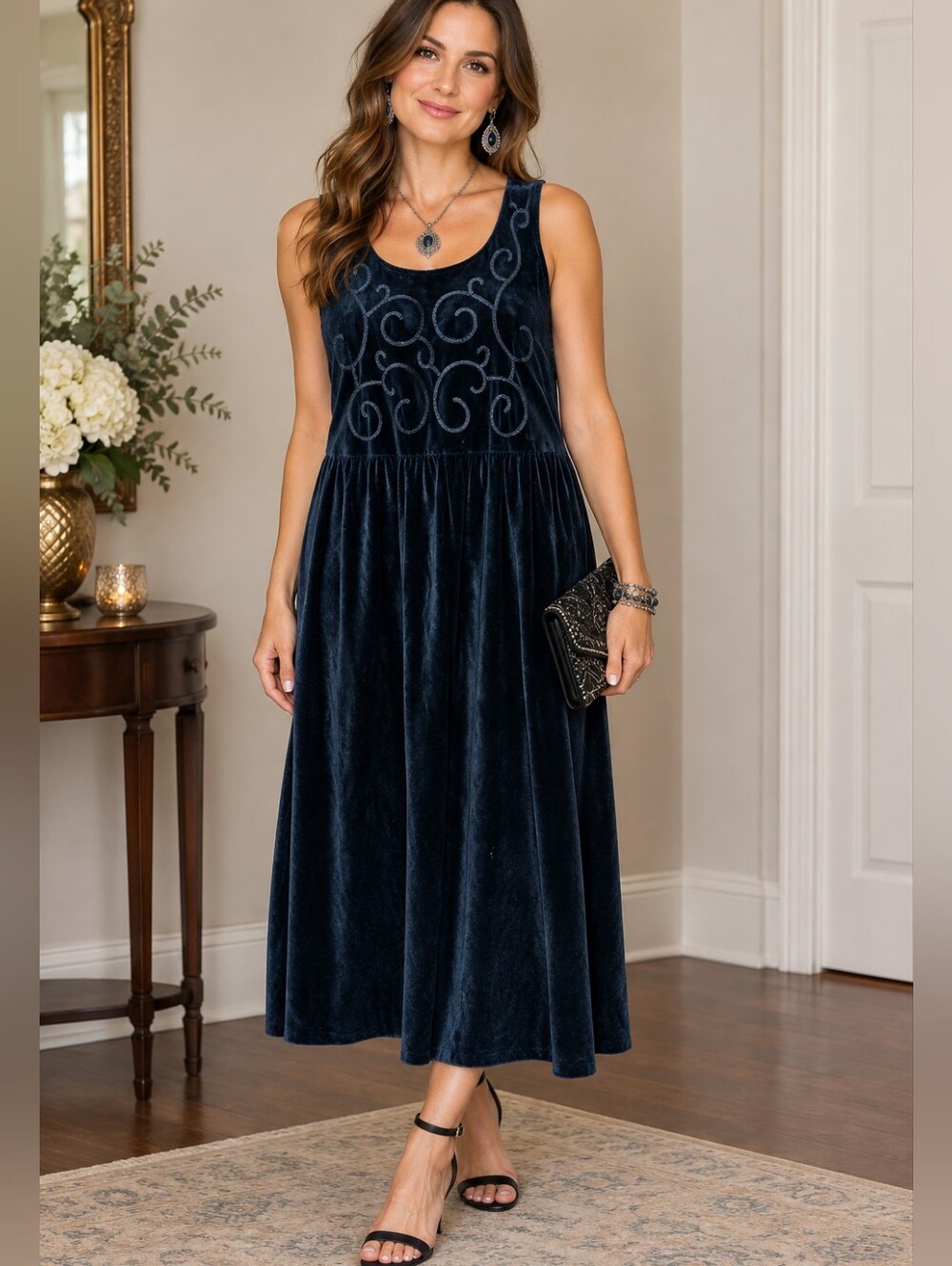 Vintage Herman Geist Dress Mixed Wool Velvet Deep Navy Blue Empire Waist 14P